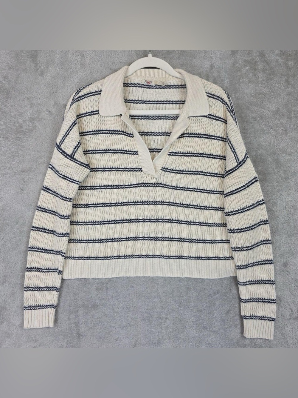 faherty navy and cream striped knit collared pullover